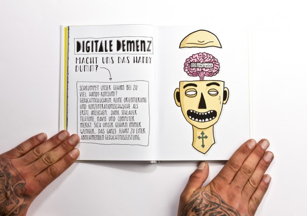 Offenes Buch, Digitale Demenz, Comic von Kopf aus dem das Gehirn wie ein Atompilz steigt
